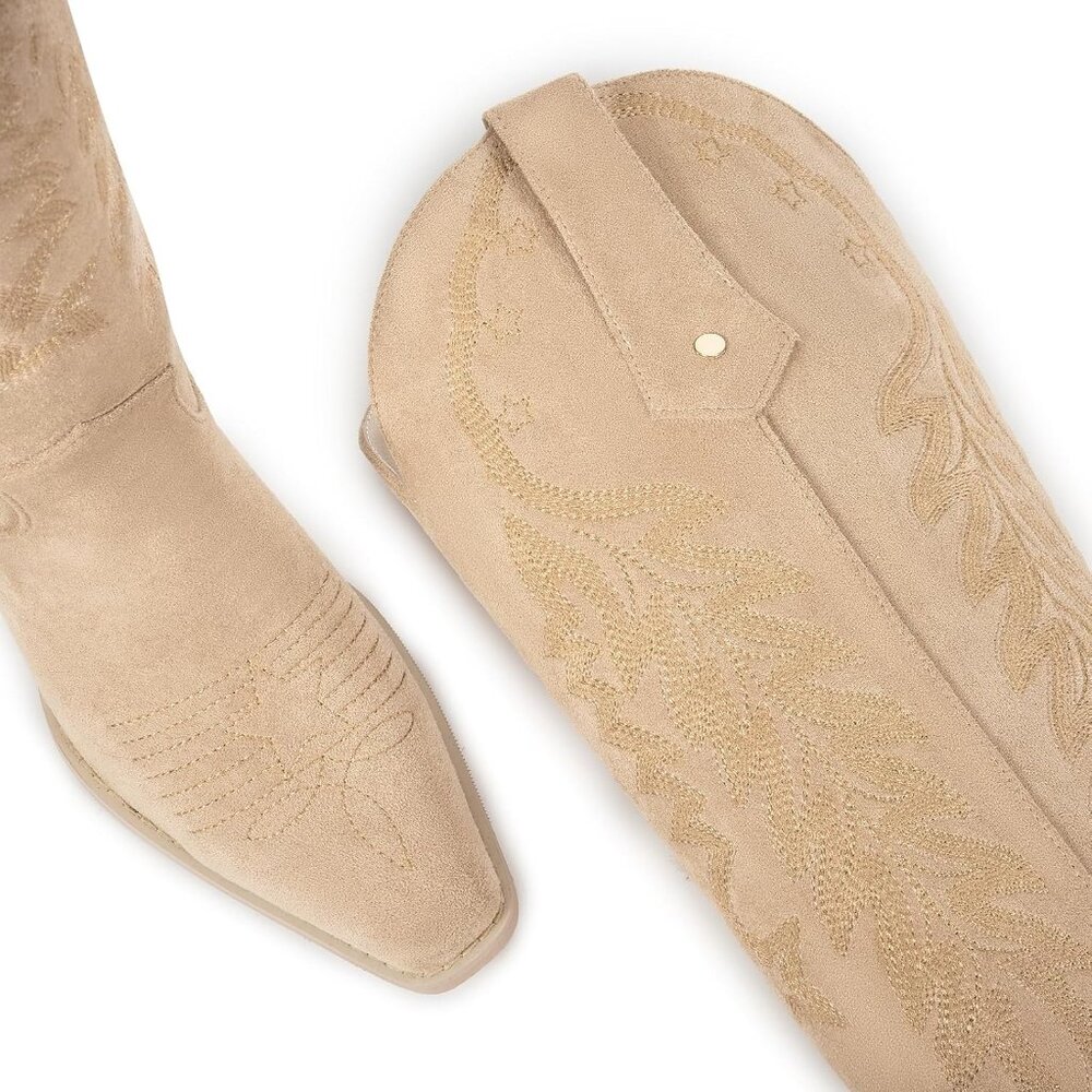 Women Apricot Knee High Cowgirl Boots Retro Embroidered Chunky Heels Pointed - Picture 5 of 6